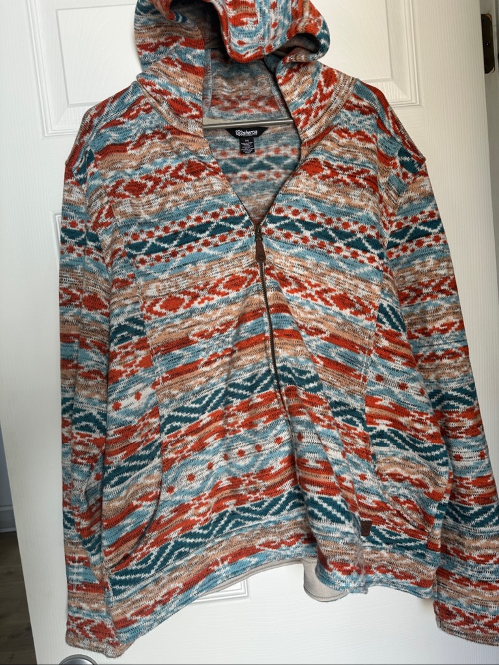 Cozy Patterned Zip Hoodie in Rust & Teal – Sierra